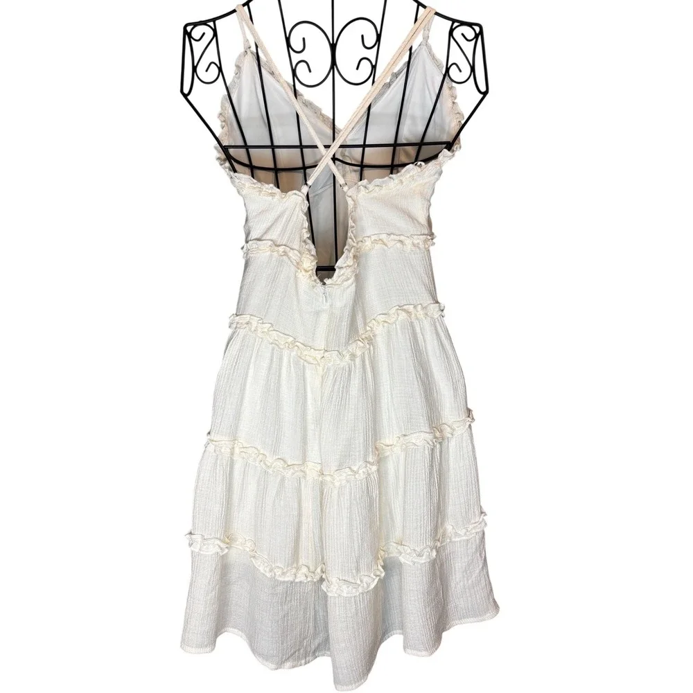 NWT Love Tree Tiered Ruffle Mini Dress Cream Cottage-core Coastal Cowgirl Size S